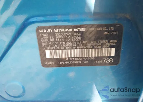 2015 Mitsubishi Mirage De/Rf from USA, damaged, VIN ML32A3HJ0FH047059